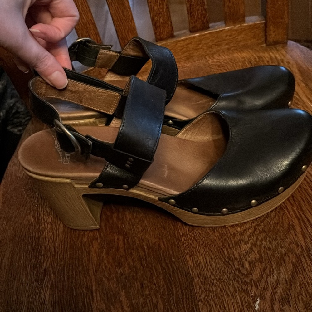 Dansko Black Leather Mary Jane Heeled Clogs